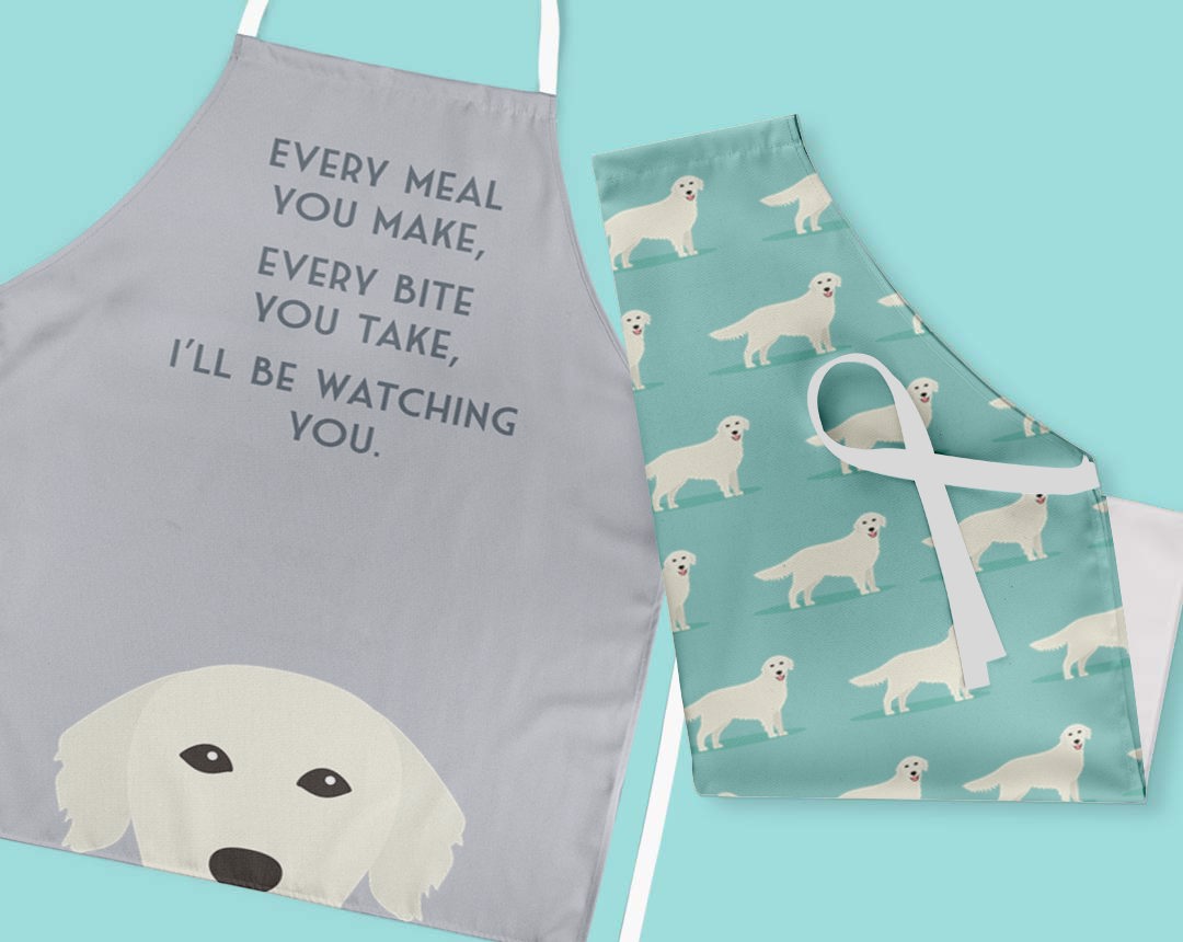 Two personalised aprons featuring personalised dog designs