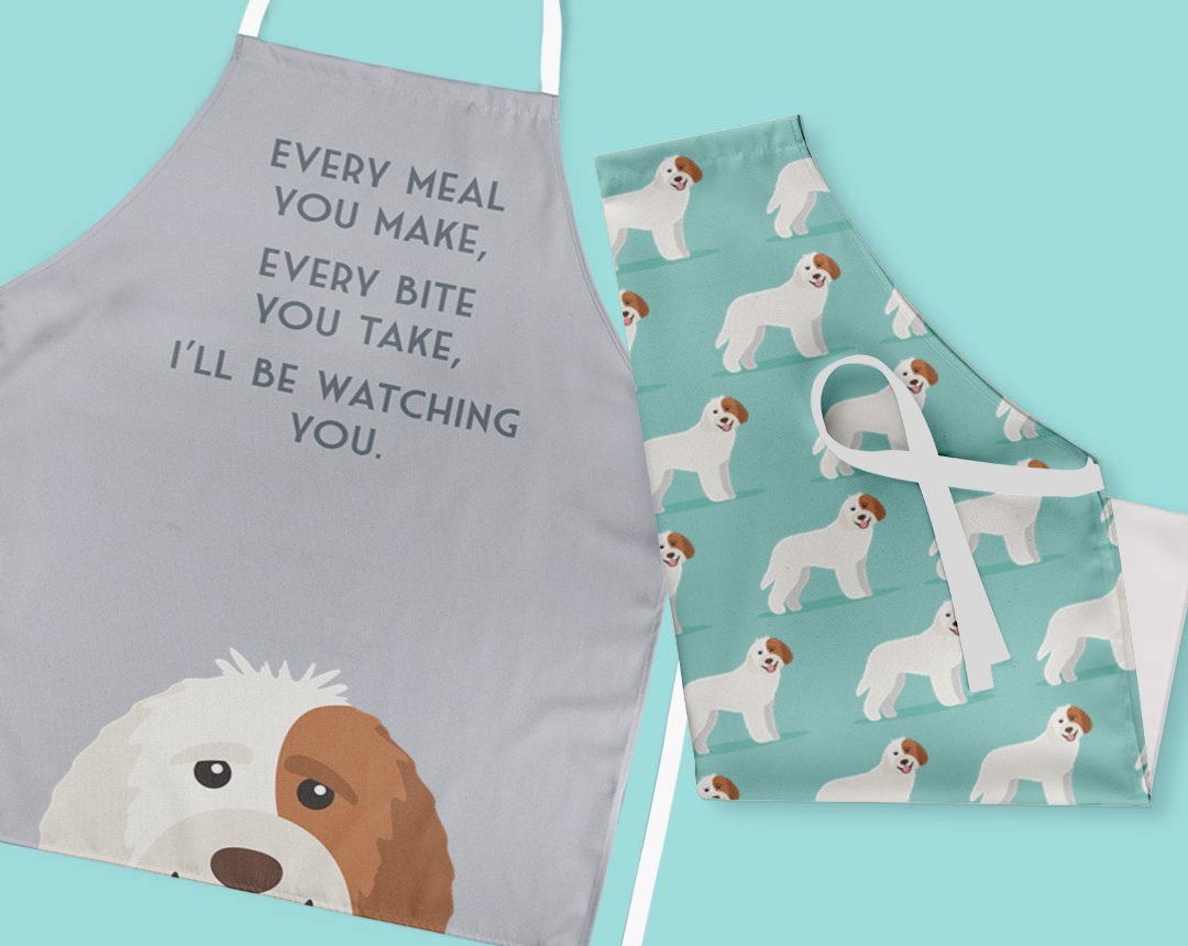 Two personalised aprons featuring personalised dog designs