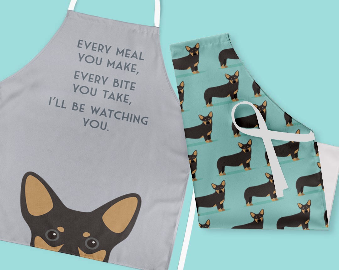 Two personalised aprons featuring personalised dog designs