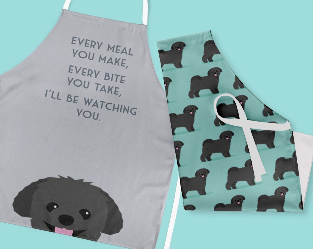 Two personalised aprons featuring personalised dog designs