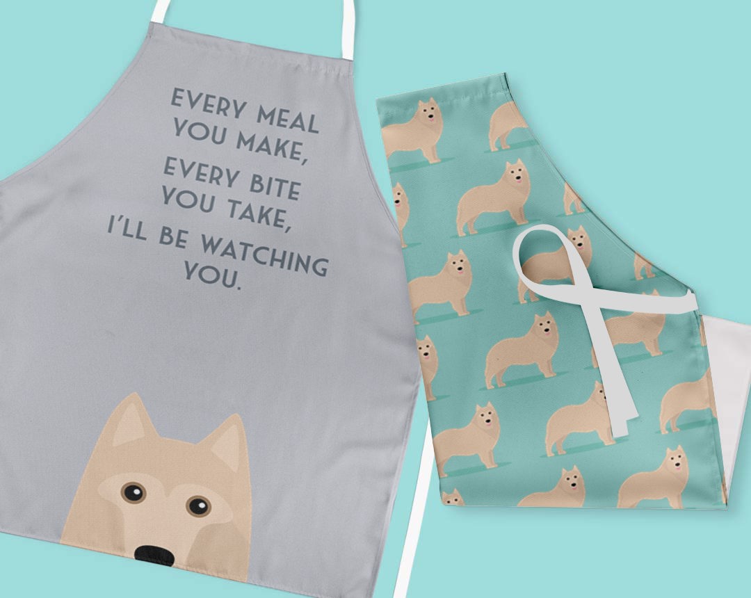 Two personalised aprons featuring personalised dog designs