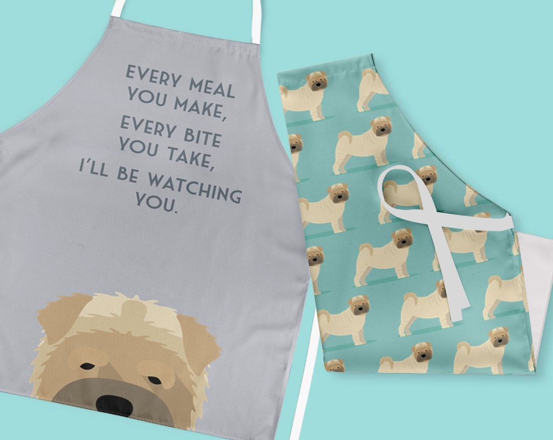 Two personalised aprons featuring personalised dog designs