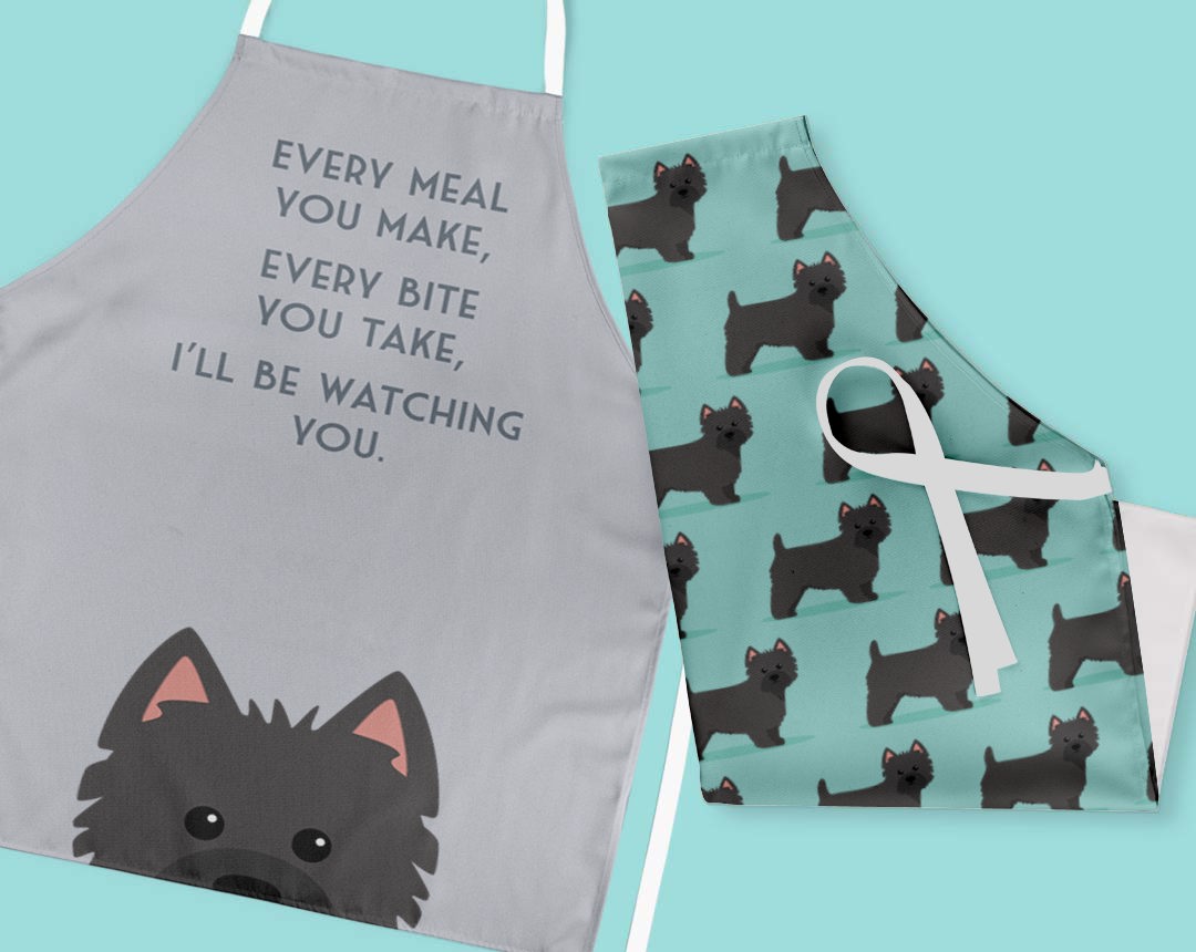 Two personalised aprons featuring personalised dog designs