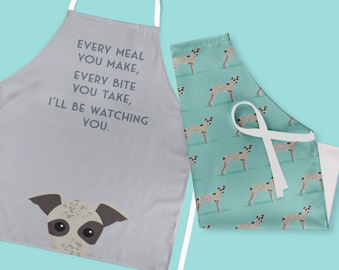 Two personalised aprons featuring personalised dog designs