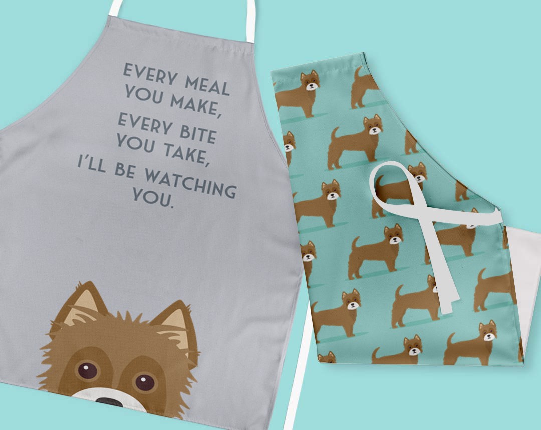 Two personalised aprons featuring personalised dog designs