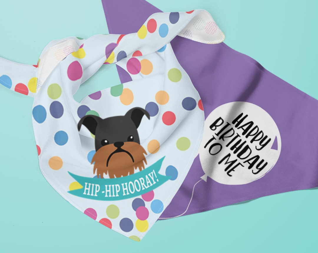 Two personalised dog bandanas with Birthday designs