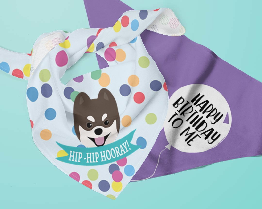 Two personalised dog bandanas with Birthday designs