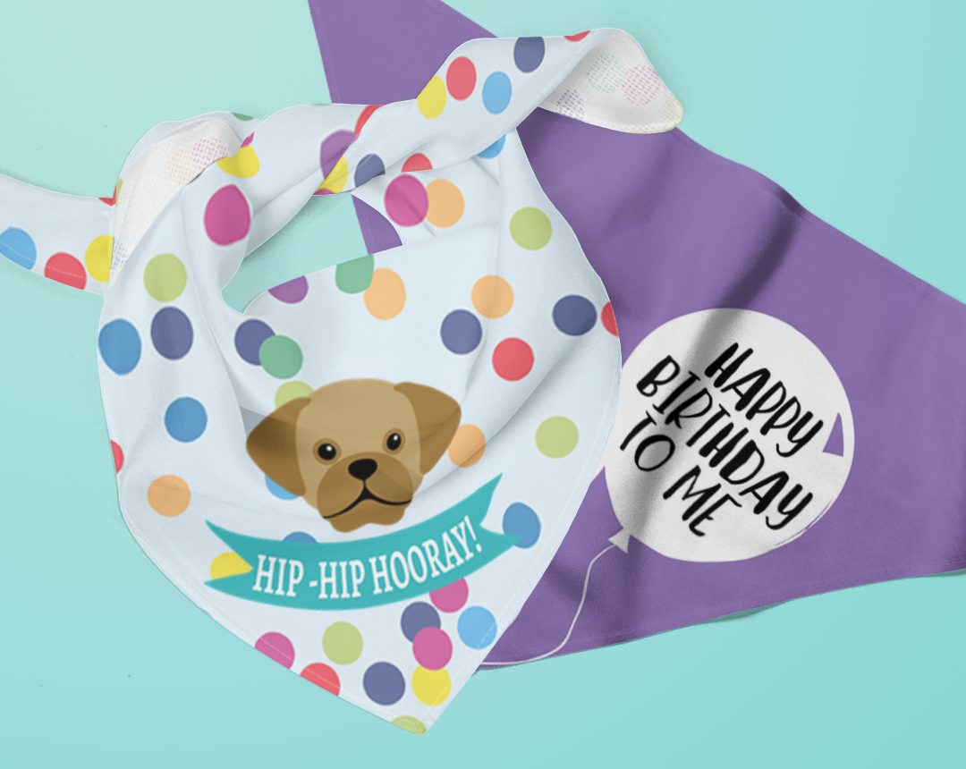 Two personalised dog bandanas with Birthday designs