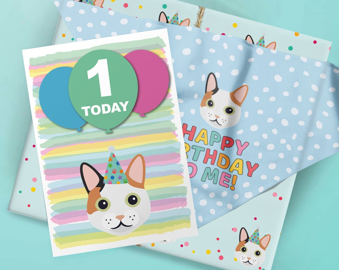 Birthday bandana, card and wrapping paper personalised to your Cat