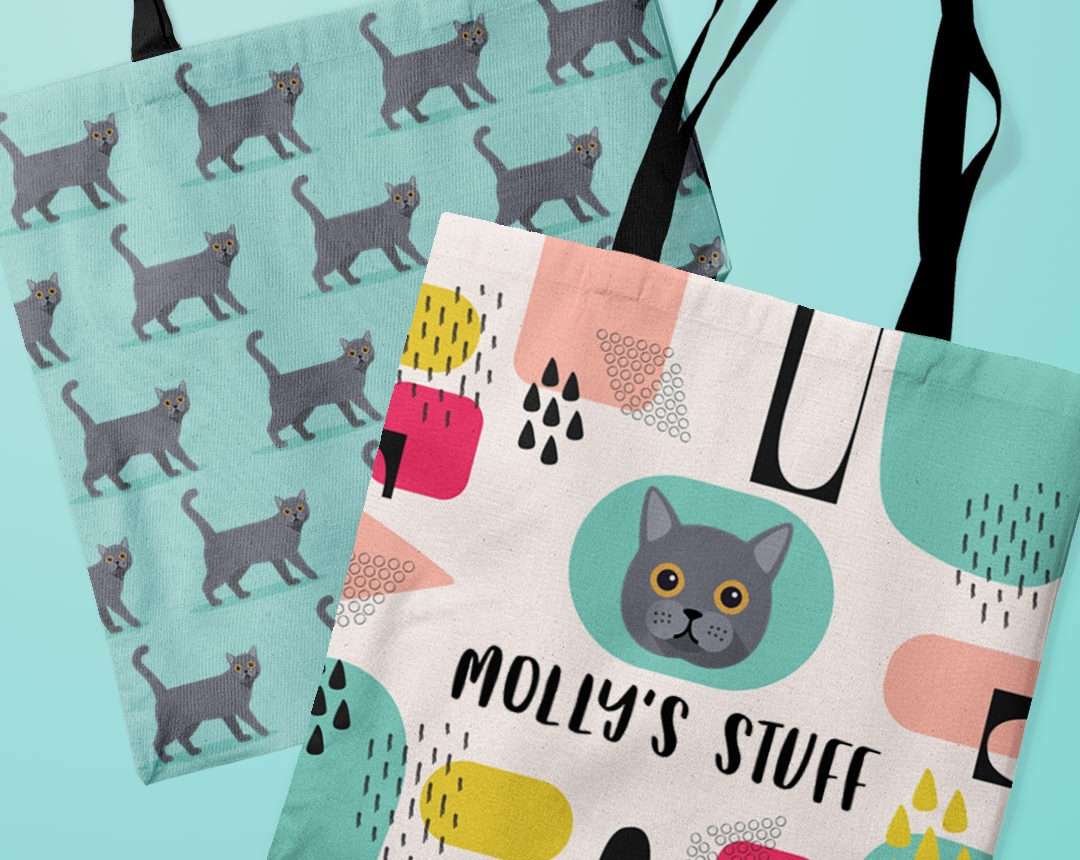 Two personalised canvas bags featuring your cat