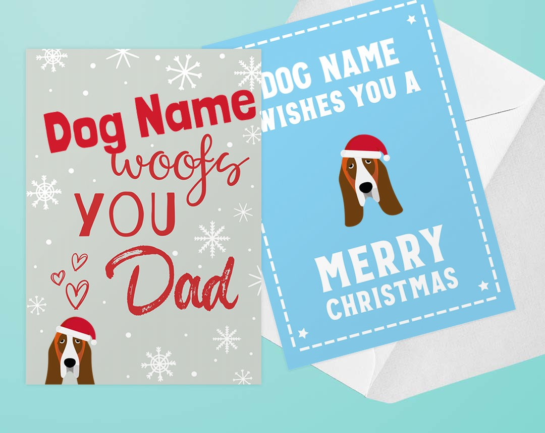 Two personalized Christmas card designs featuring your dog