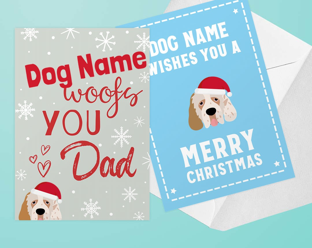 Two personalised Christmas cards featuring designs with your dog
