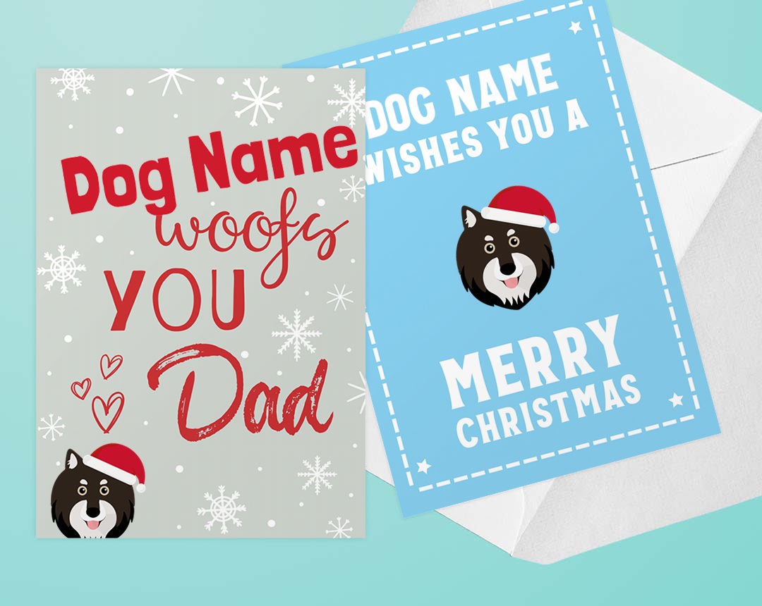 Two personalized Christmas card designs featuring your dog