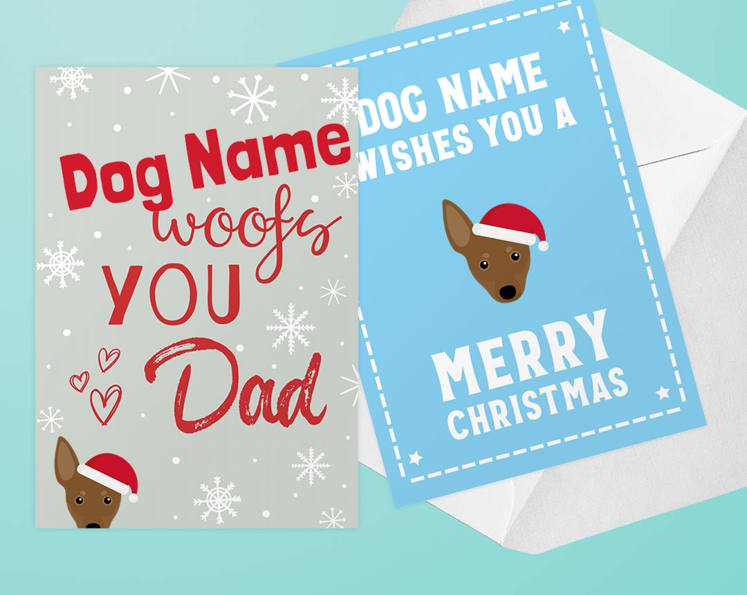 Two personalized Christmas card designs featuring your dog