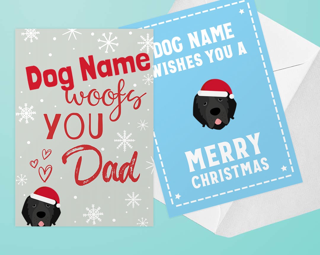 Two personalized Christmas card designs featuring your dog