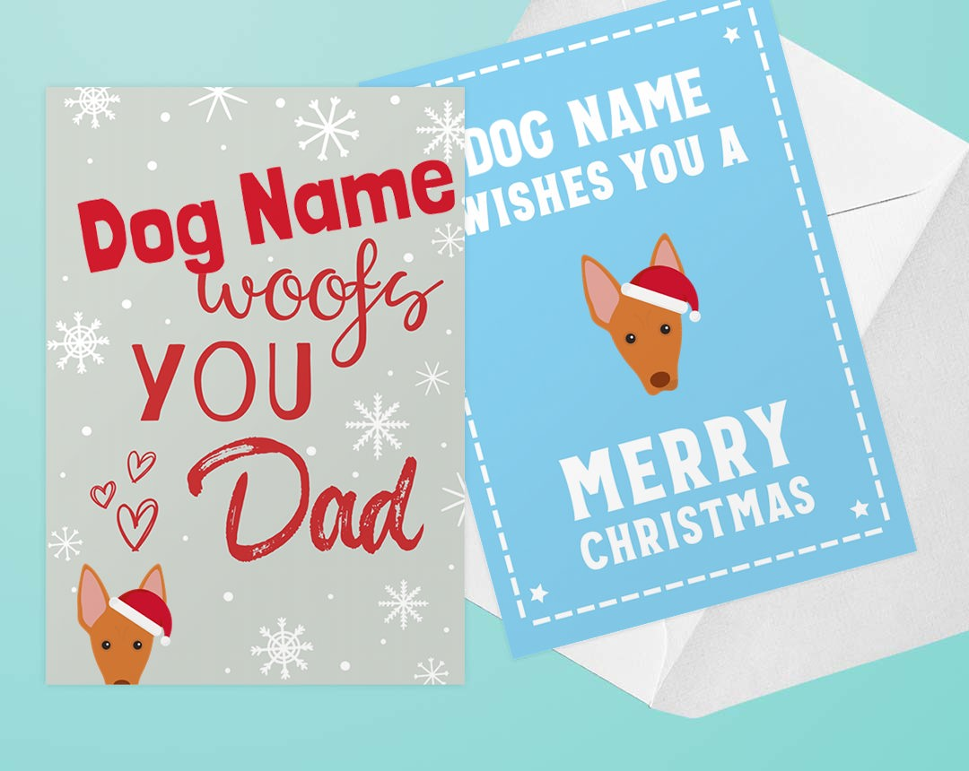 Two personalized Christmas card designs featuring your dog