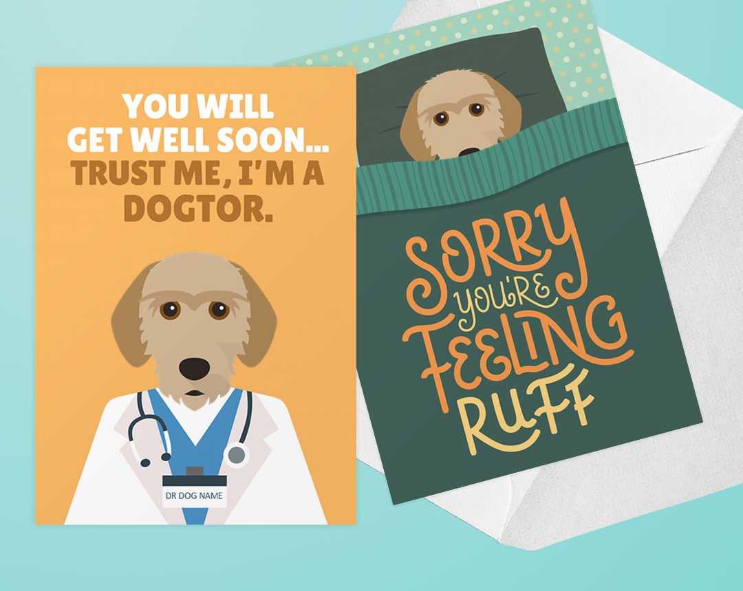 Two Personalised Dog Get Well Soon Cards