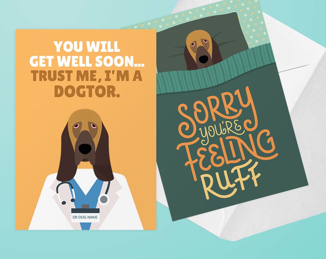 Two Personalised Dog Get Well Soon Cards