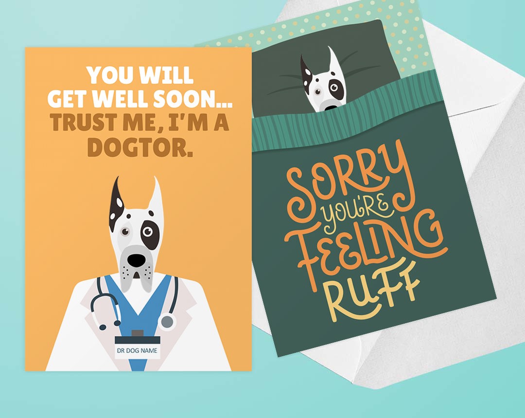 Two Personalised Dog Get Well Soon Cards