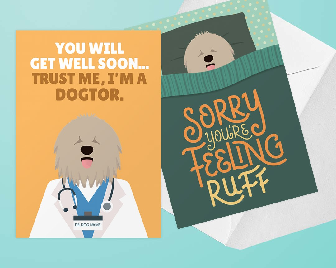 Two Personalised Dog Get Well Soon Cards