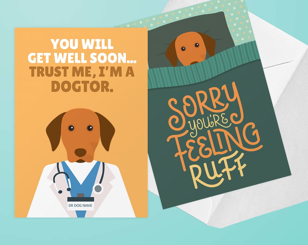 Two Personalised Dog Get Well Soon Cards