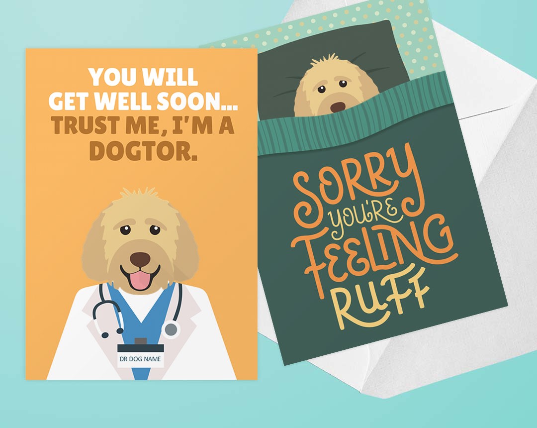 Two Personalised Dog Get Well Soon Cards