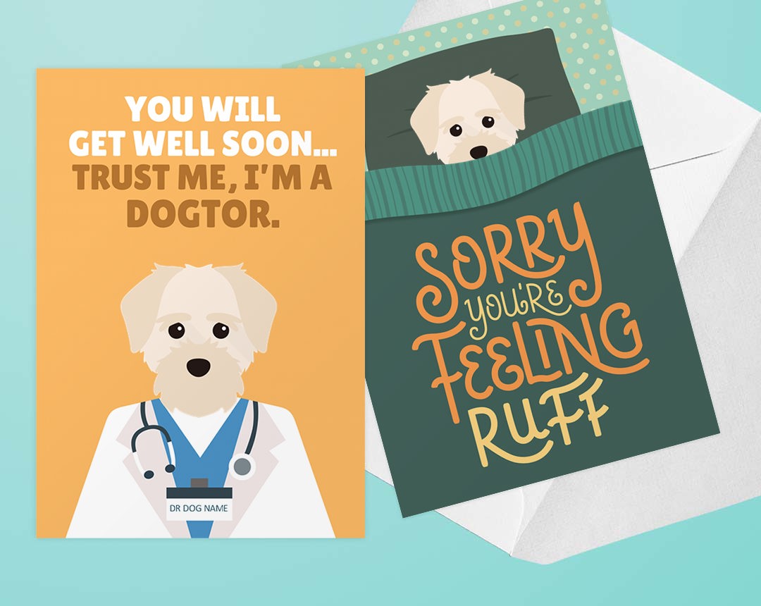 Two Personalised Dog Get Well Soon Cards