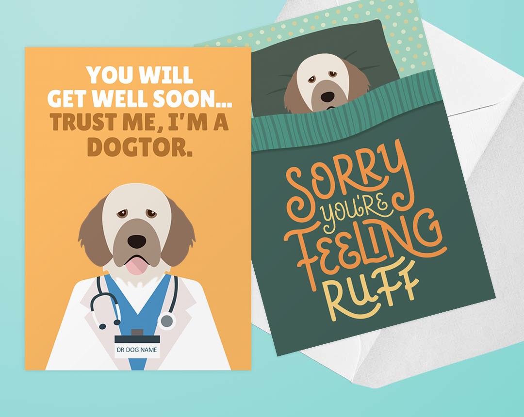 Two Personalised Dog Get Well Soon Cards