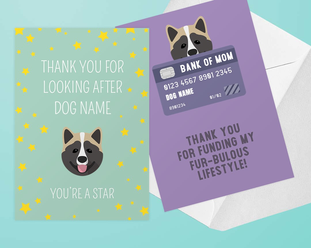 Two personalized thank you cards featuring your dog