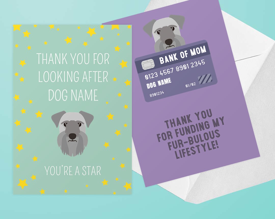 Two personalized thank you cards featuring your dog