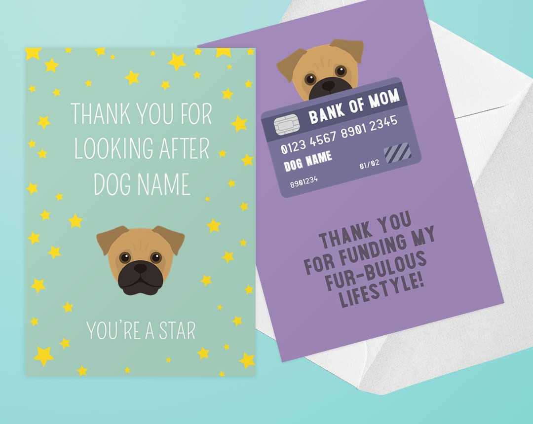 Two personalized thank you cards featuring your dog