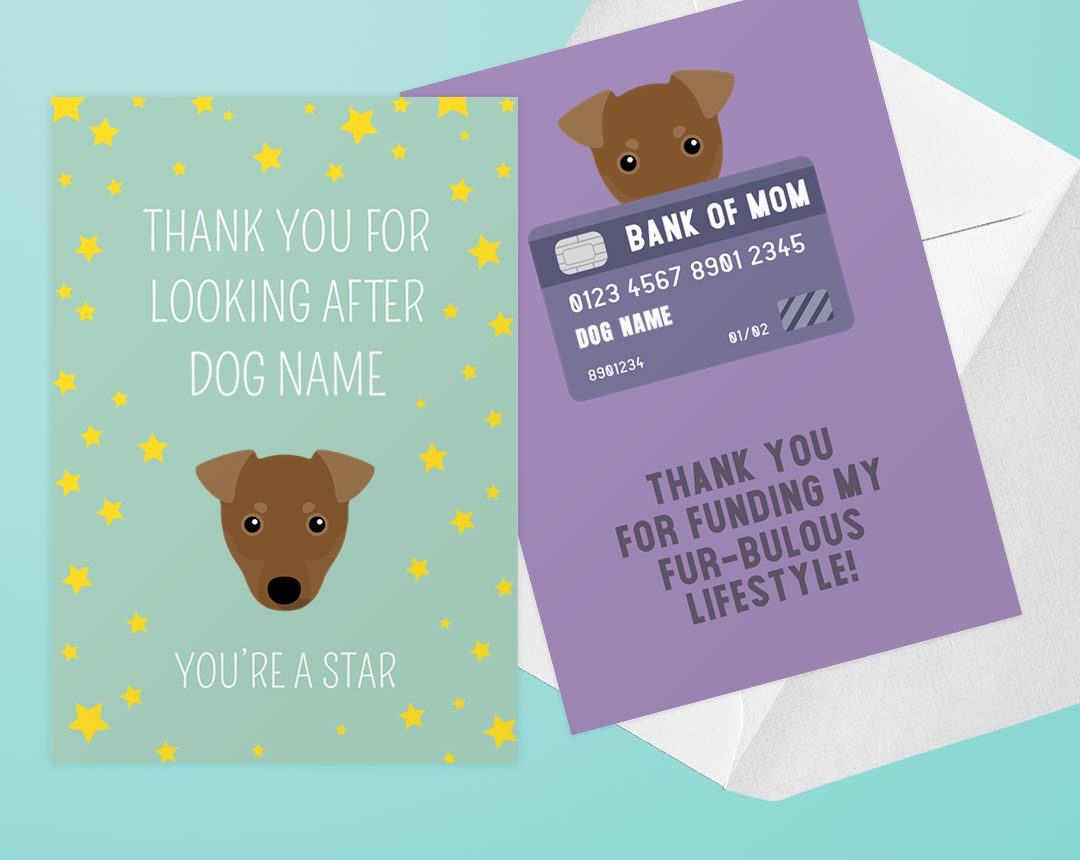 Two personalized thank you cards featuring your dog