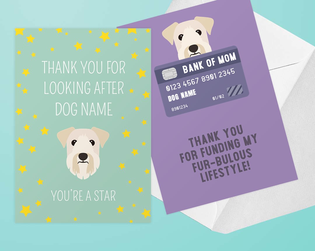 Two personalized thank you cards featuring your dog