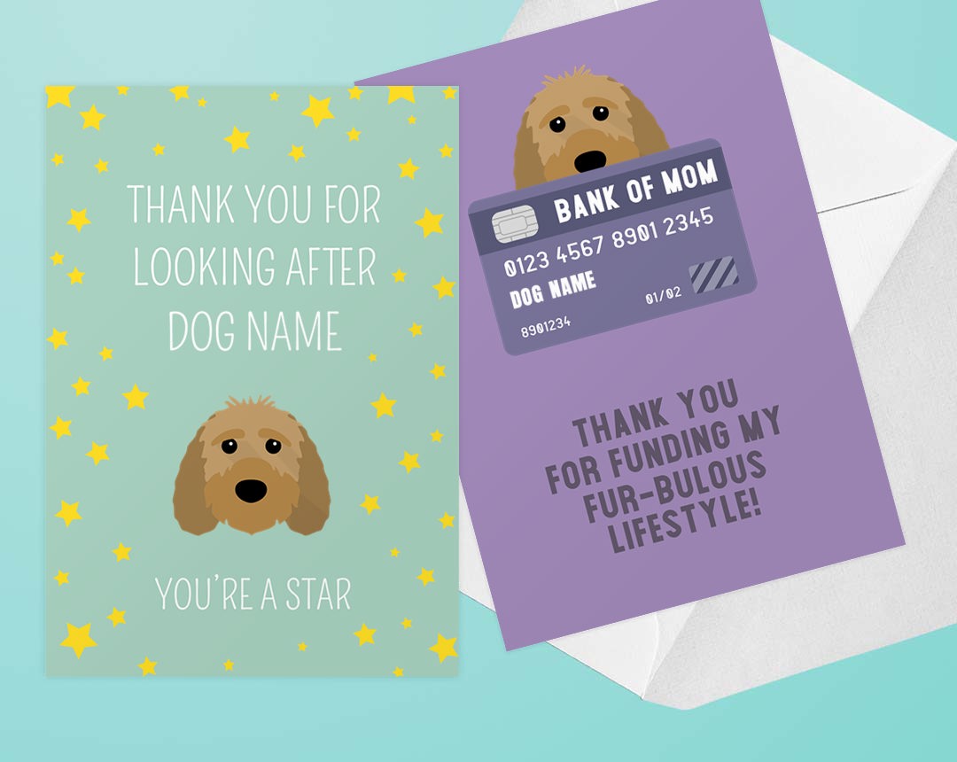 Two personalized thank you cards featuring your dog