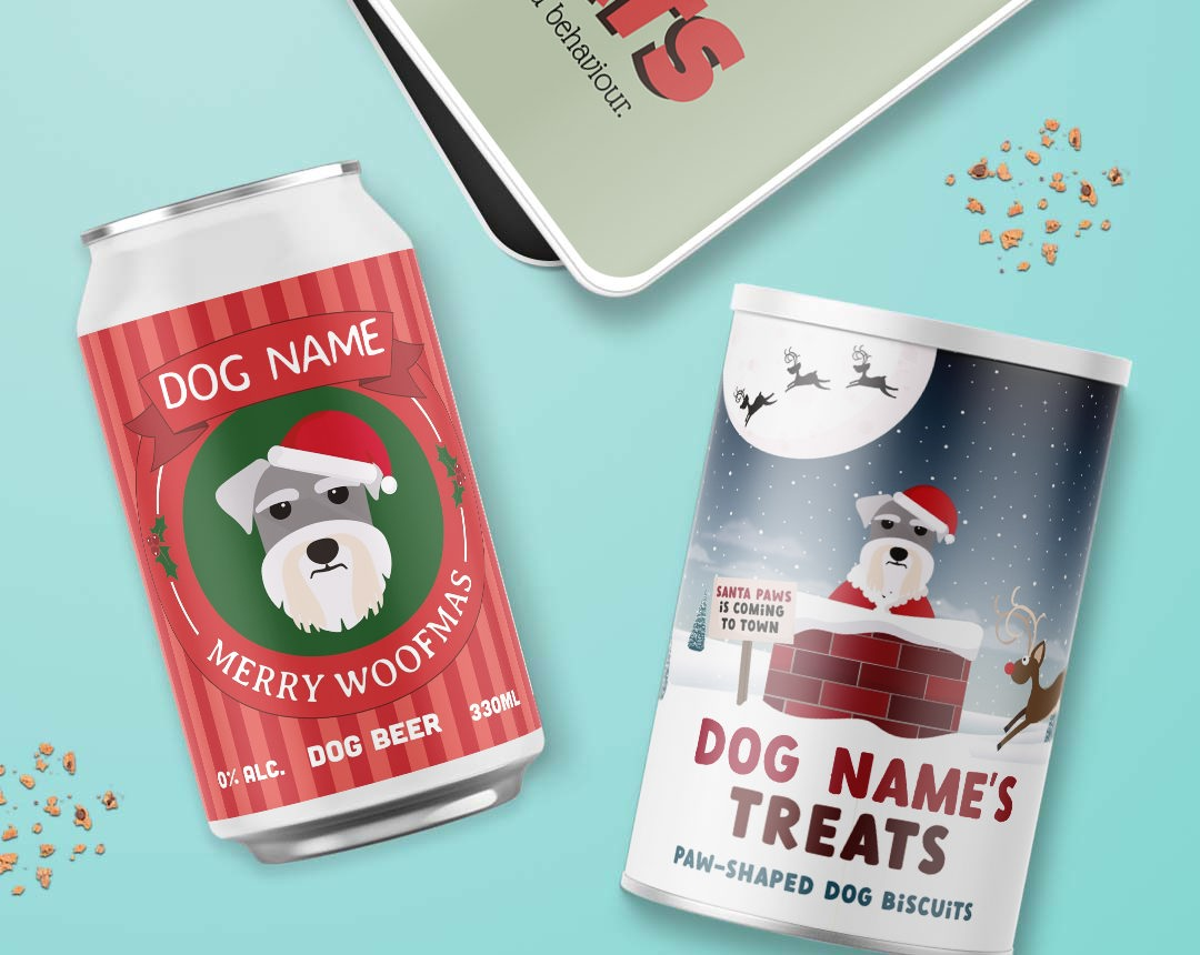 A dog beer, treat tin and treats for your dog
