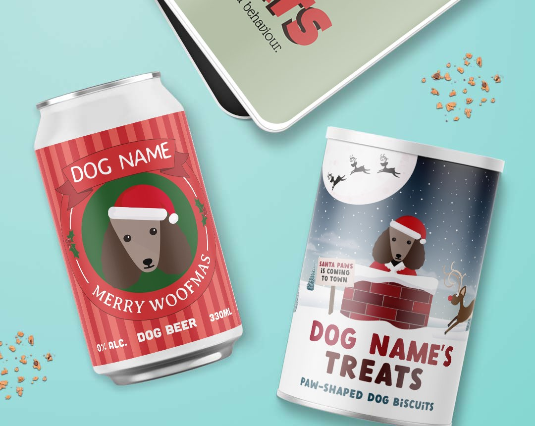 A dog beer, treat tin and treats for your dog