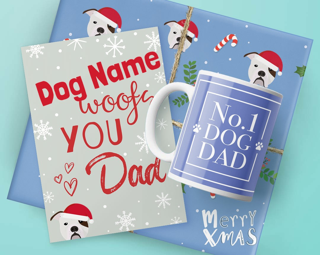 A mug, card and Christmas present featuring dog dad designs