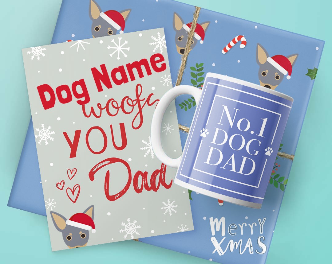 A mug, card and Christmas present featuring dog dad designs