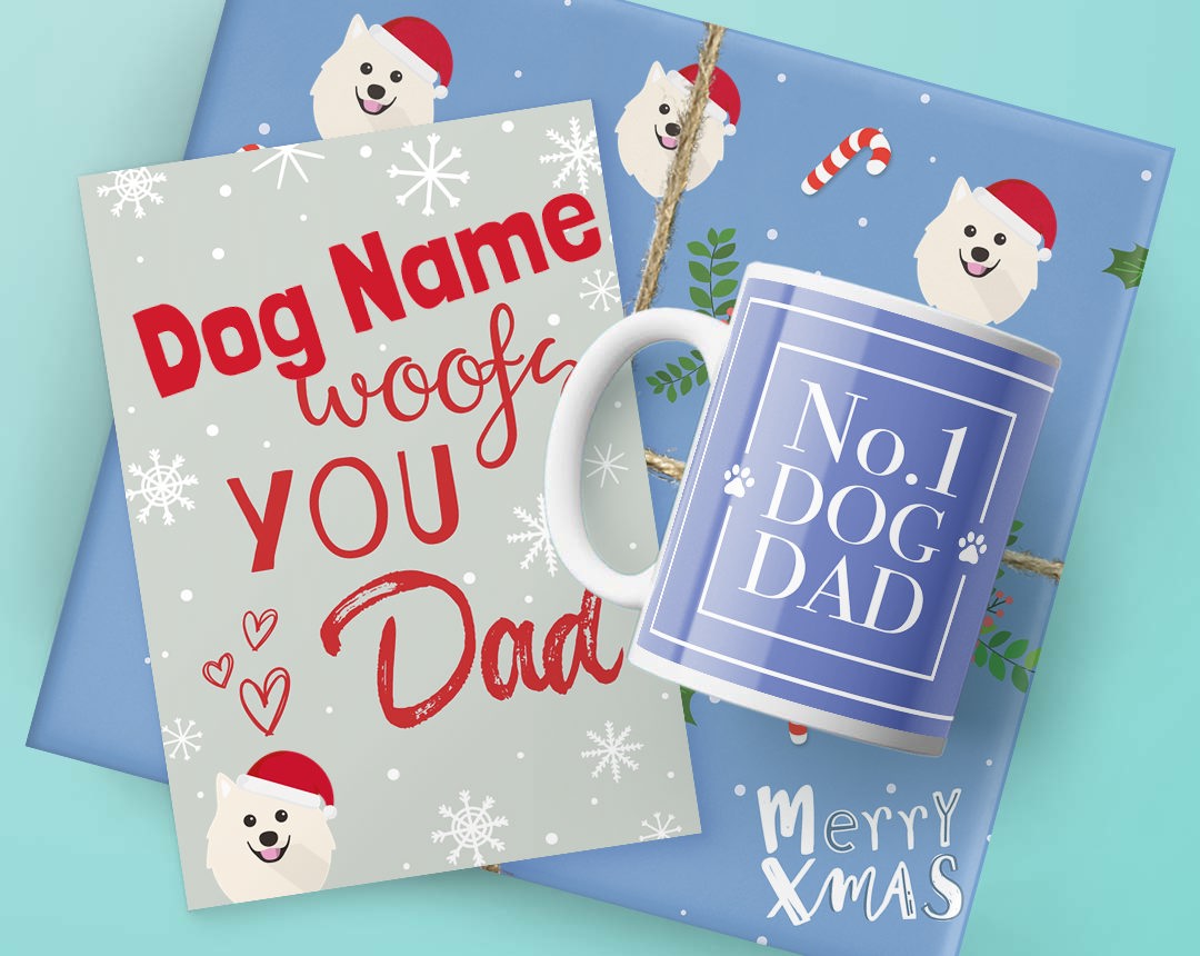 A mug, card and Christmas present featuring dog dad designs