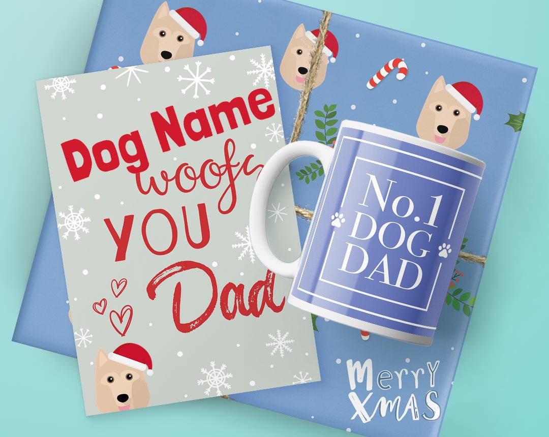 A mug, card and Christmas present featuring dog dad designs