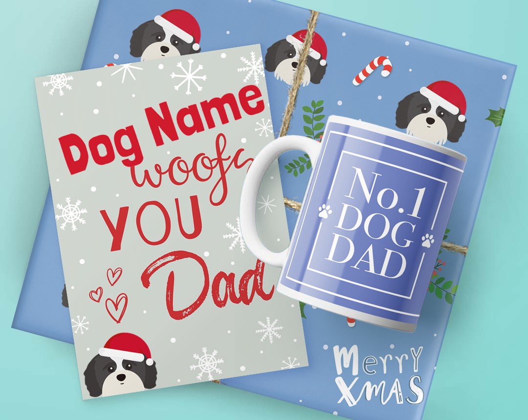 A mug, card and Christmas present featuring dog dad designs