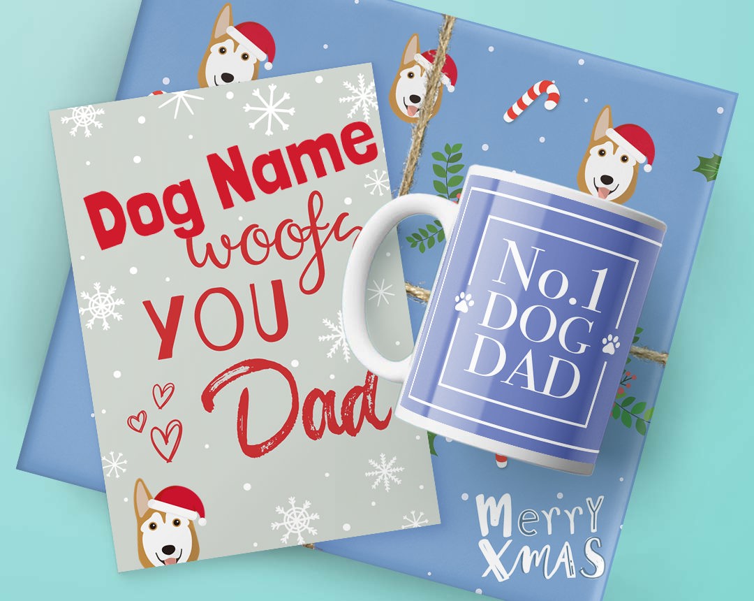 A mug, card and Christmas present featuring dog dad designs