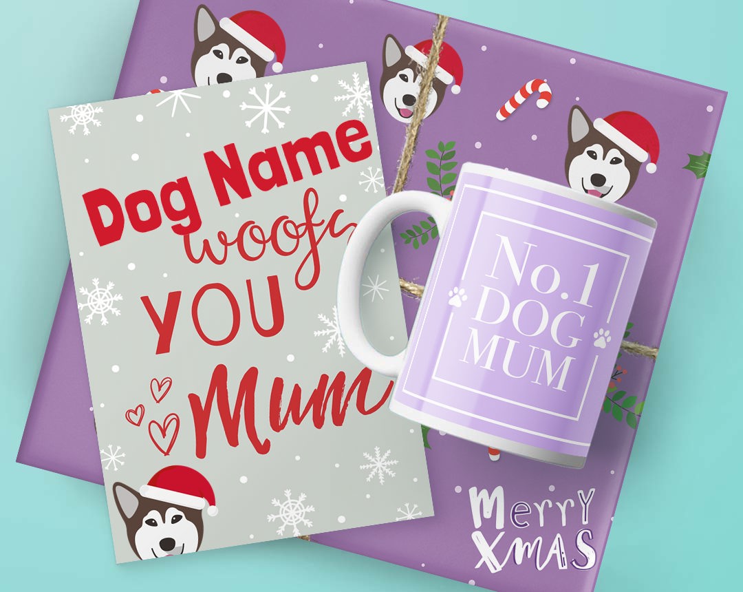 A mug, card and Christmas present featuring dog mum designs