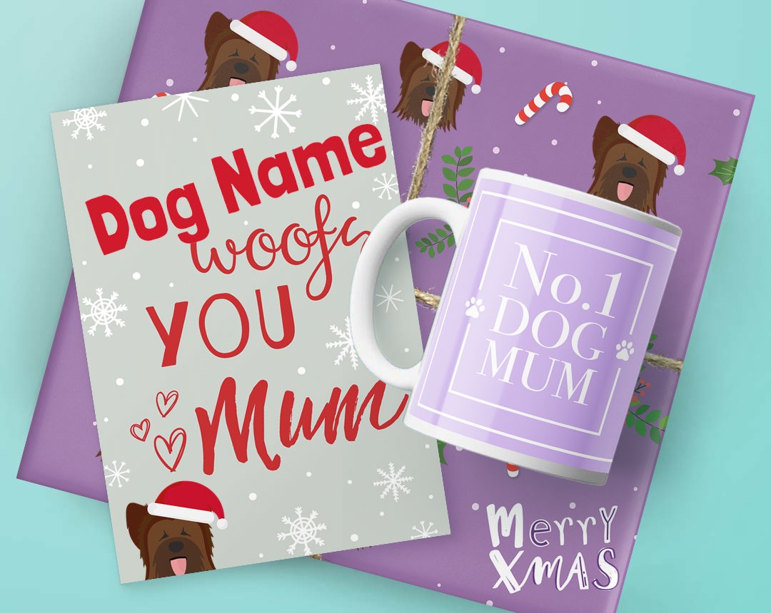 A mug, card and Christmas present featuring dog mum designs