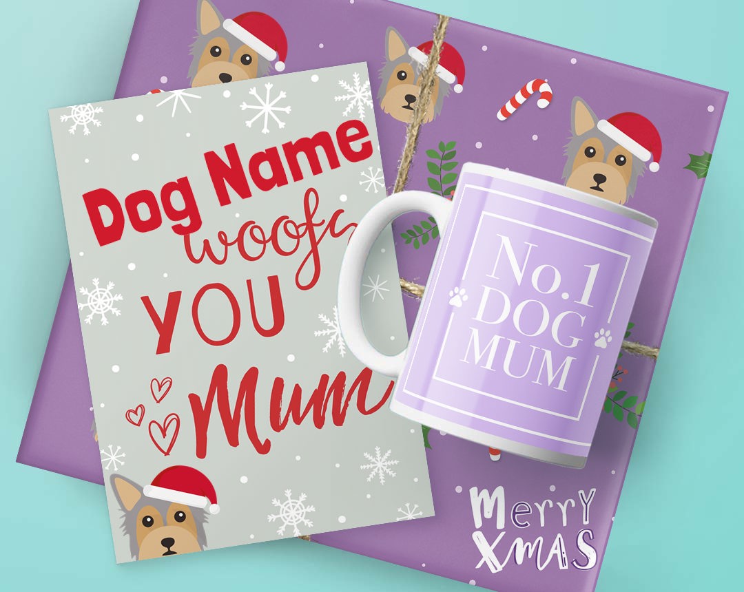 A mug, card and Christmas present featuring dog mum designs