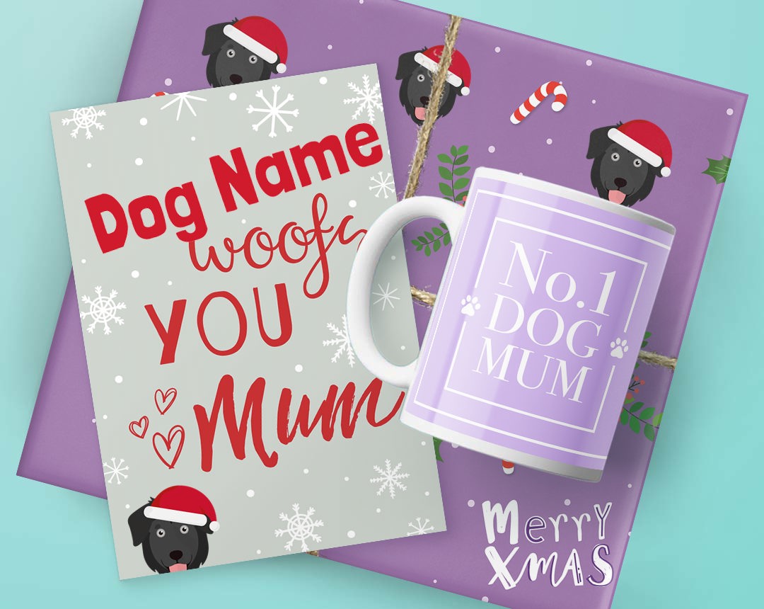 A mug, card and Christmas present featuring dog mum designs