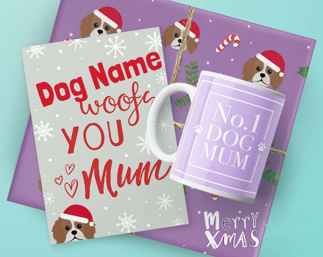 A mug, card and Christmas present featuring dog mum designs