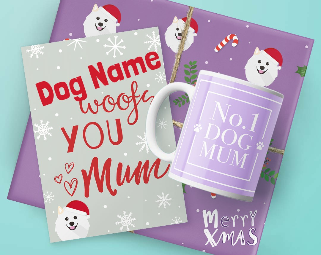 A mug, card and Christmas present featuring dog mum designs