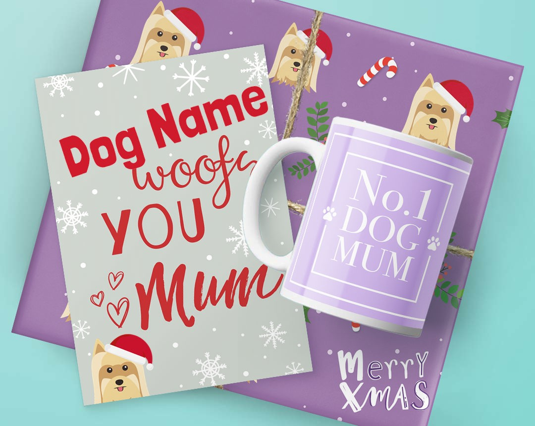 A mug, card and Christmas present featuring dog mum designs