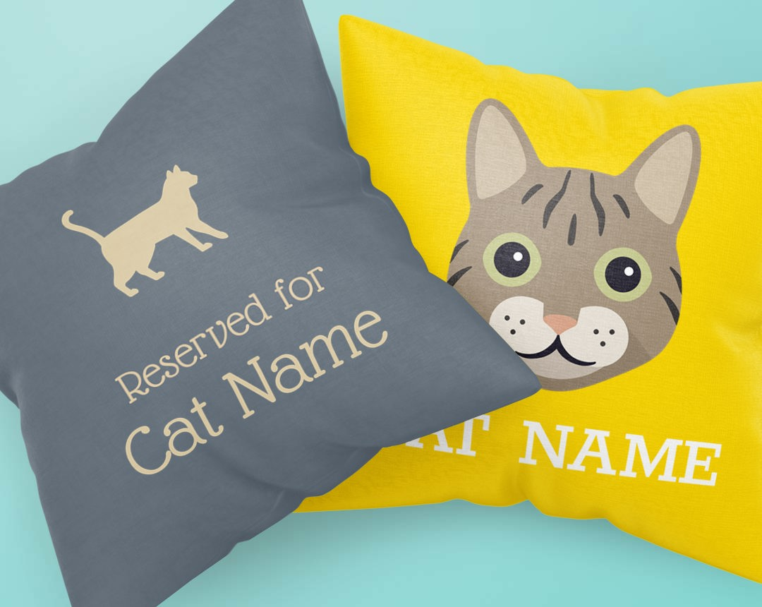 Two personalized pillows with your Cat's name and icon